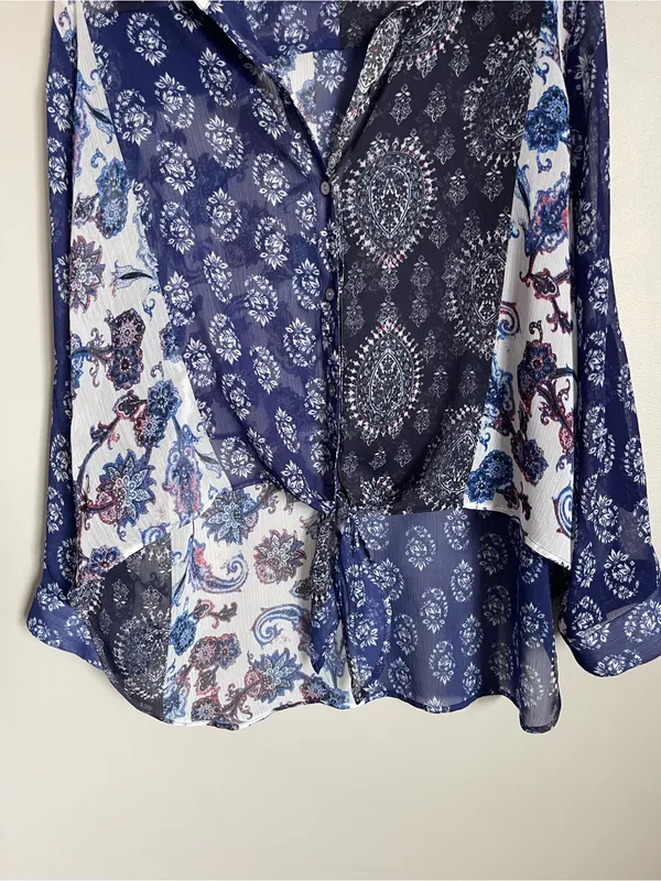 CHICO'S | Mixed Print Patchwork Semi-Sheer Button-Down Tie Front Blouse Sz XL - Image 4