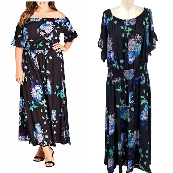 City Chic Suzu Floral Maxi Off the Shoulder Dress Black Plus Size‎ 22 - Image 2