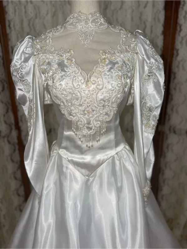 Beautiful Vintage 90s Beau Crystal White Satin Wedding Gown - Image 2