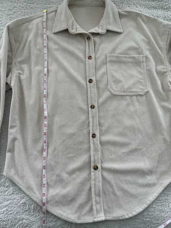 Small Beige Casual Button Down Long Sleeve with Oversized Fit Corduroy Style Tan - Image 6