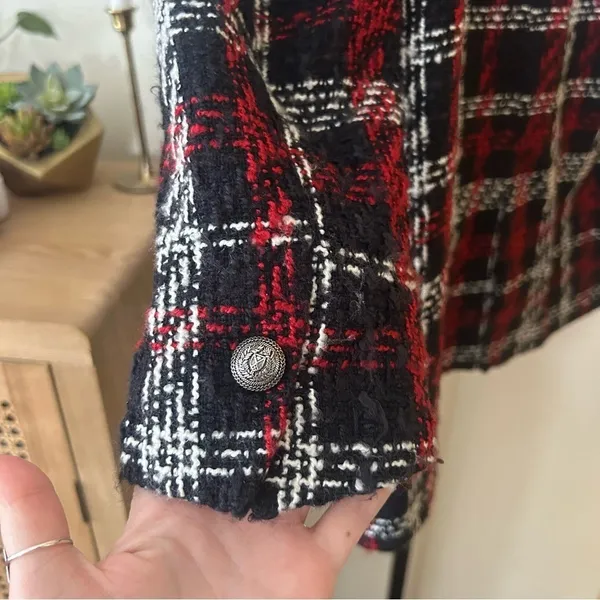 Zara Tweed Double Breasted Blazer Oversized Plaid Red Black Suit‎ Jacket Size XS - Image 7