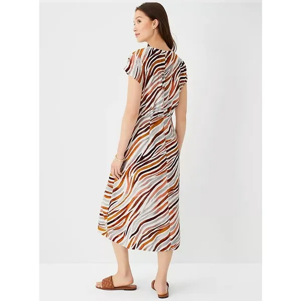 Ann Taylor Linen Blend‎ Midi Zebra Stripe Mock Neck Flare Dress Size 0 - Image 2