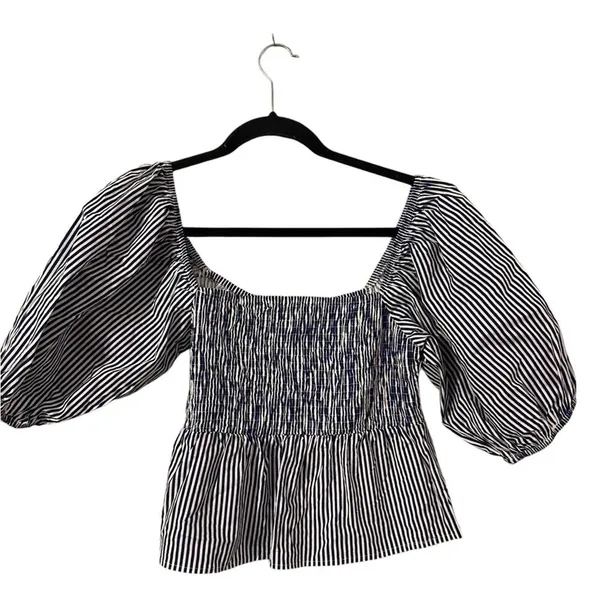 Sim & Sam‎ Navy Blue Striped Smocked Square Neck Puff Sleeve Top Blouse Preppy - Image 2