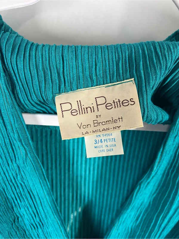 Vintage Pellini Petites Teal Crinkle Belted‎ Dress 3/4 Petite - Image 3