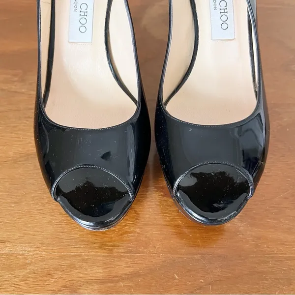 Jimmy Choo • Nova 100 slingback peep toe heels black patent leather stiletto - Image 3