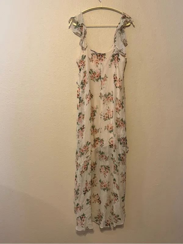 Lavender Brown Silk Floral‎ Ruffle Romantic Slip Dress Size Medium - Image 5