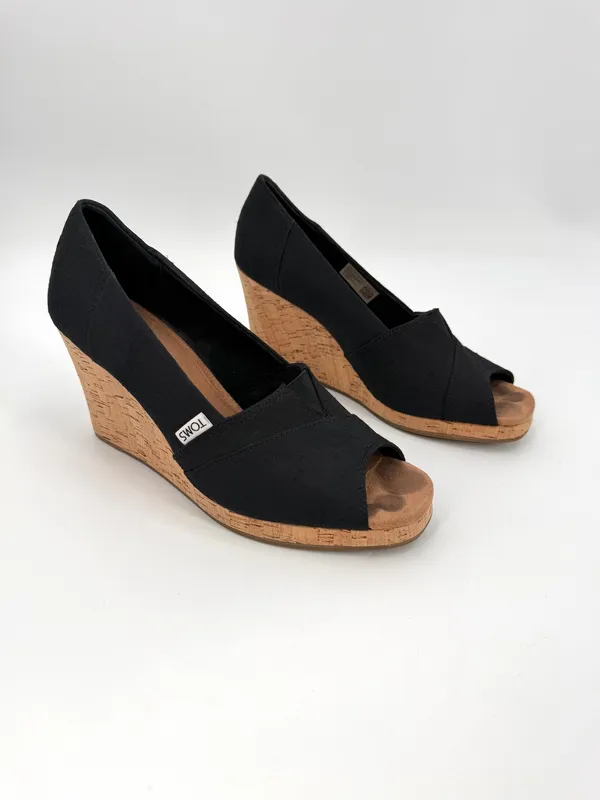 Toms Sandals Women’s 10M Black Classic Wedge Espadrille Cork Peep Toe Slip On - Image 2