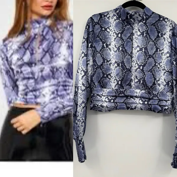 Topshop Python Snake Print Satin Crop Top Navy Mock Neck Long Sleeve Chic Blouse - Image 2