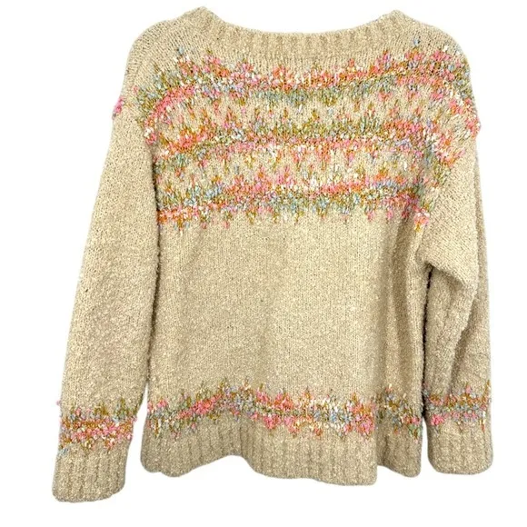 POL Fuzzy Cream and Pastel Striped Oversized Sweater Boho Cozy Size Small - Image 2
