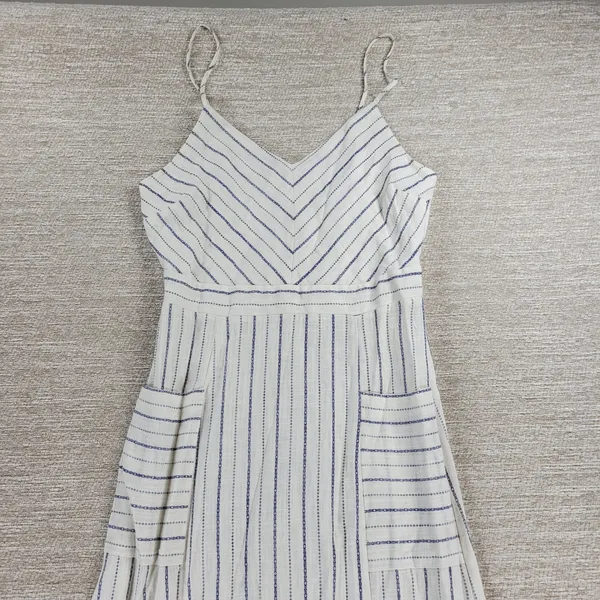 Monteau Los Angeles Linen Maxi Sundress Large White Blue Striped Rayon Slit - Image 3