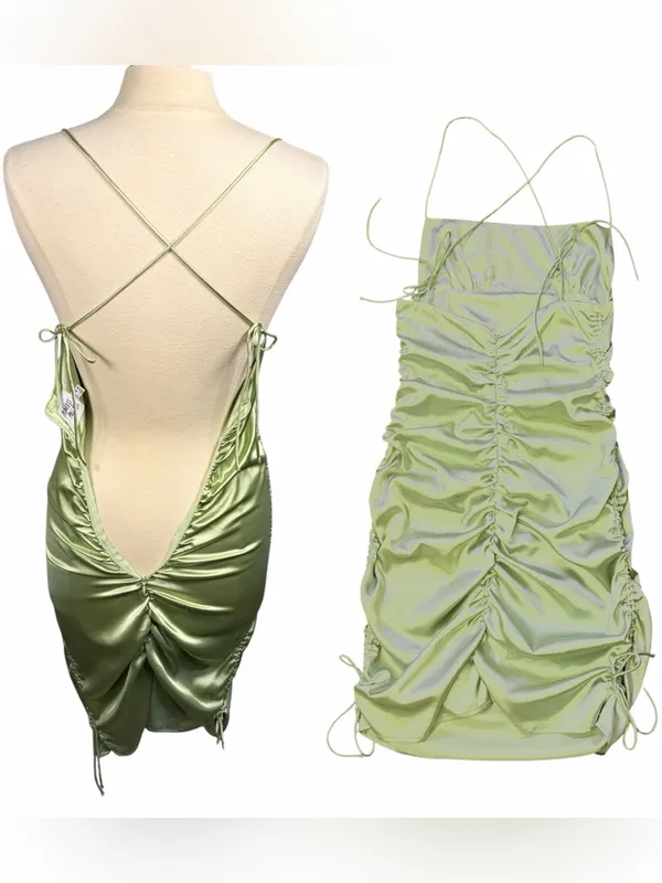 PRINCESS POLLY Chartreuse Satin‎ Tie Shoulder Straps Ruched Mini Dress, Size 4 - Image 5