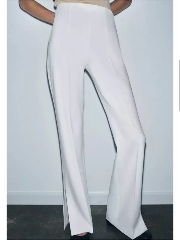 Zara High-Waist Pressed Pleated White Cream Wide-Leg Side Vents Pants Sz XS - Image 2
