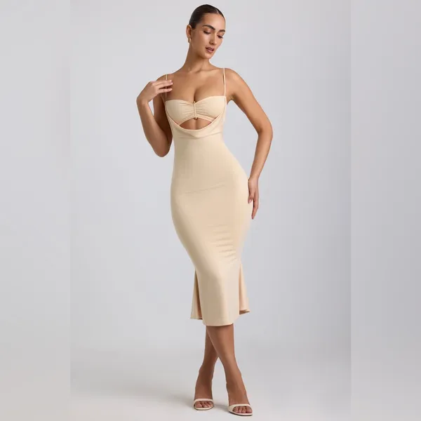Oh Polly Julane Slinky Jersey Ruched Cut-Out Midaxi Dress in Buttercream Size 4 - Image 6