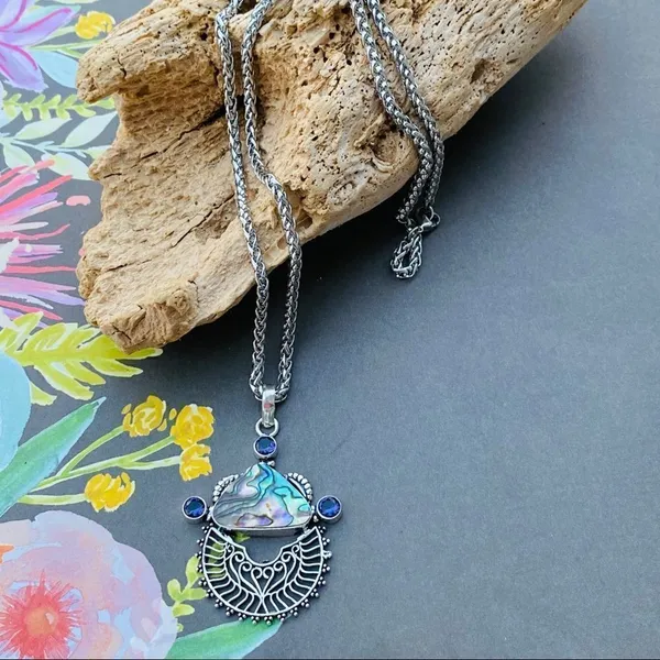 Handmade Abalone Shell & Amethyst Wheat Chain Necklace - Image 3