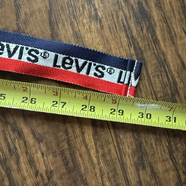 Vintage Levi's Belt Red White Blue Logo Striped Adjustable Fabric D Ring - Image 5