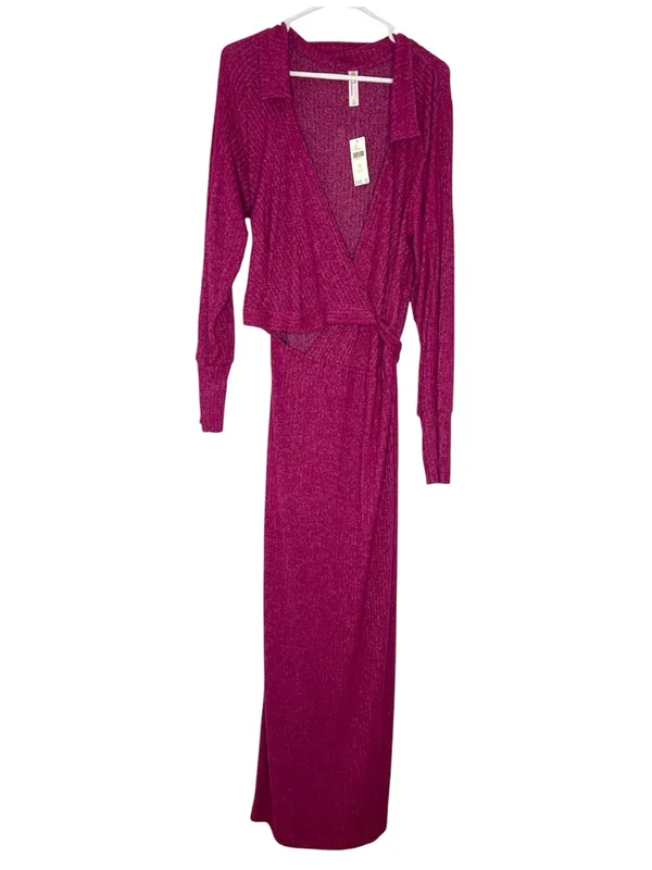 NWT Anthropologie Daily Practice Magenta Ribbed Collared Maxi Wrap dress - Image 3