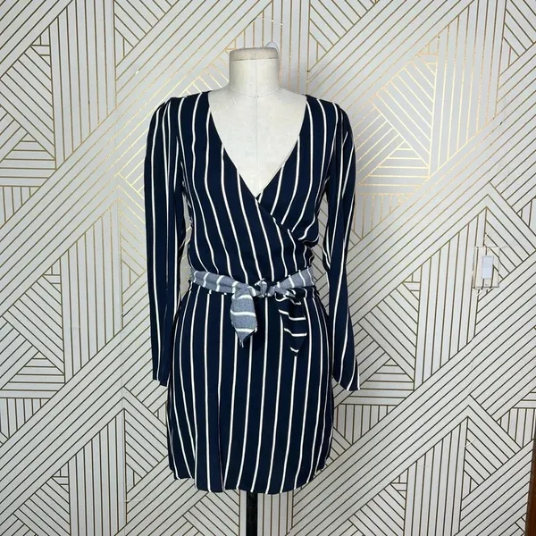 Reformation Zircon Wrap Mini Dress Navy Blue Capone Stripes Size‎ US 0 - Image 3