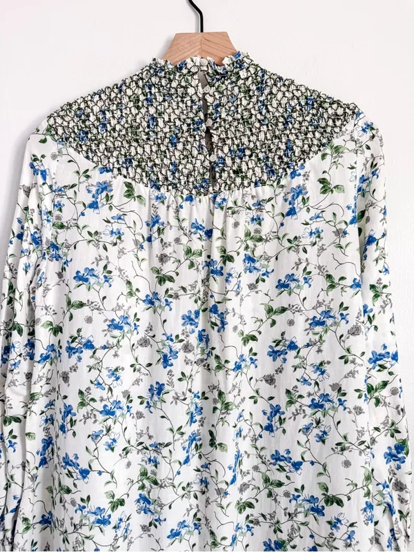 Zara White Blue Floral Smocked High Neck Maxi Dress Size S - Image 7