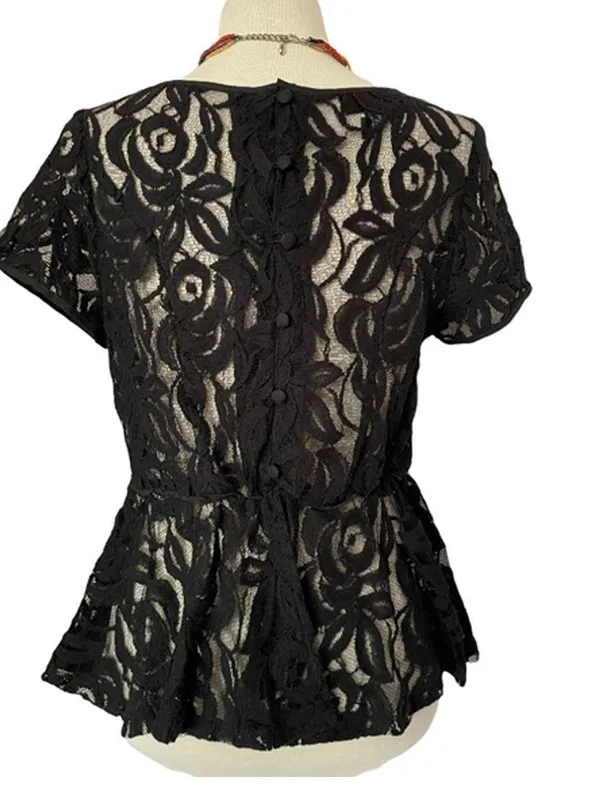 International Concepts Black Lace Peplum Blouse.Buttons - Image 4