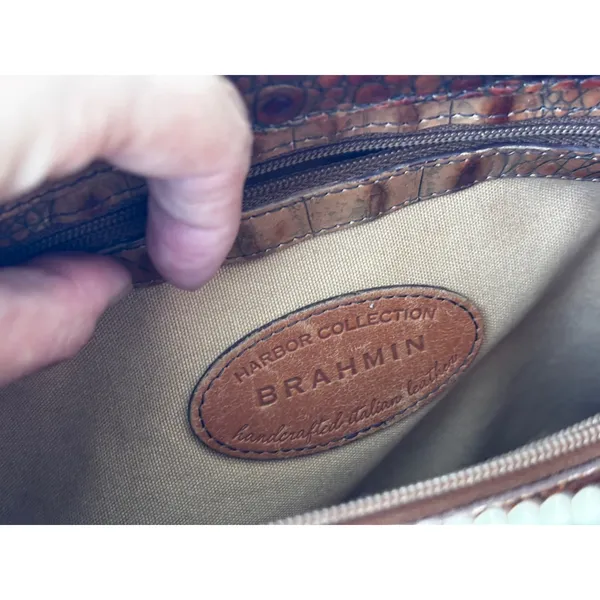 Vintage Y2K 90s Brahmin Harbor Tote Brown Leather Woven Crocodile Embossed Bag - Image 6
