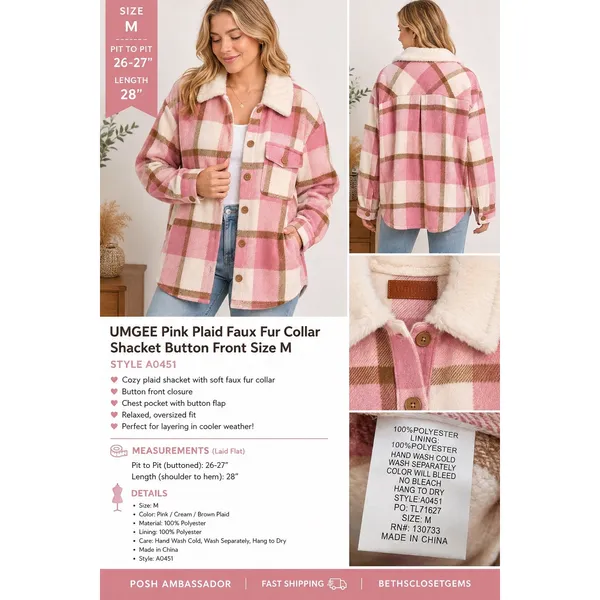 Umgee Pink Plaid Faux Fur Collar Shacket Button Front Jacket A0451 Womens Medium - Image 2
