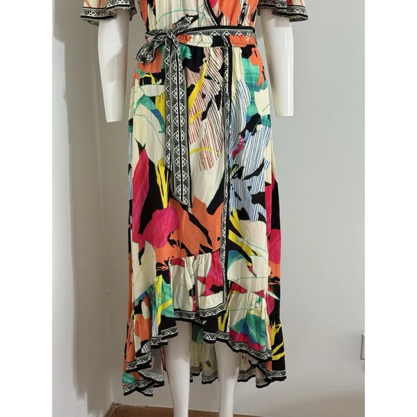 Flying Tomato Tropical Floral High Low Hem Midi Dress Plunge Neckline Size M - Image 5