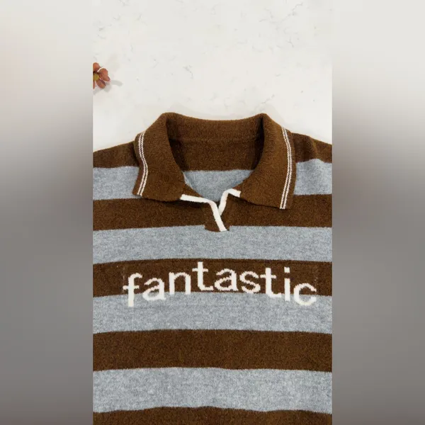 Fantastic Striped V-Neck Polo Sweater in Brown and Gray - Image 5