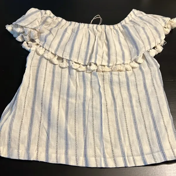 Artisan NY Women Striped Off The Shoulder Tassel Ruffle Top Blue White Small NWT - Image 4