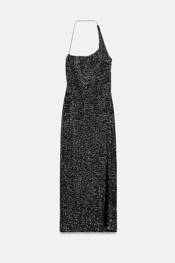 Zara dress maxi Black Sequin Halter party cocktail night out evening date - Image 8