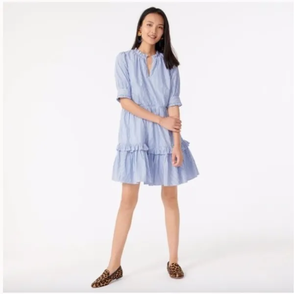 J.Crew Ruffleneck Tiered Popover Dress in Stripe Blue White Small - Image 4