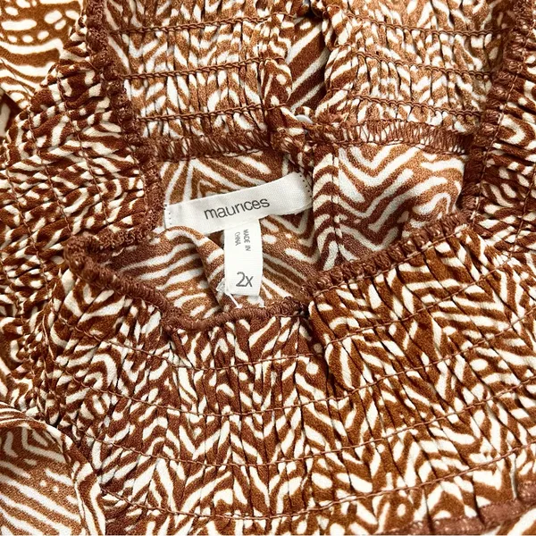 Maurice's Airy Lightweight Brown Printed Smocked Nick Neck Shark Bite Hem Pull Over Dress - Image 6