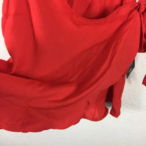 NEW Lulus Sunny Oasis Mini Dress XL Coral Red Ruffled Faux-Wrap Sleeveless - Image 11