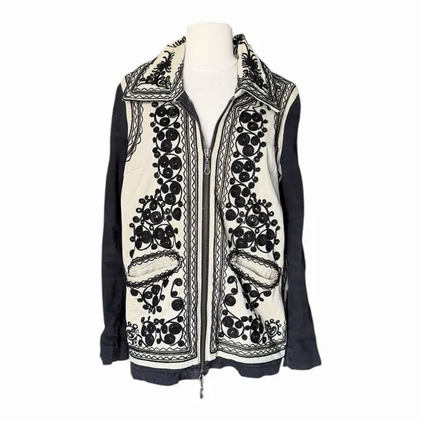 Free People Stitched Quills Embroidered Jacket Cream Black Boho Western Small - Image 3