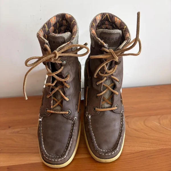 Sperry Top-Sider Brown Leather Canvas Plaid Lined Mid Calf Boots Size 7M - Image 3