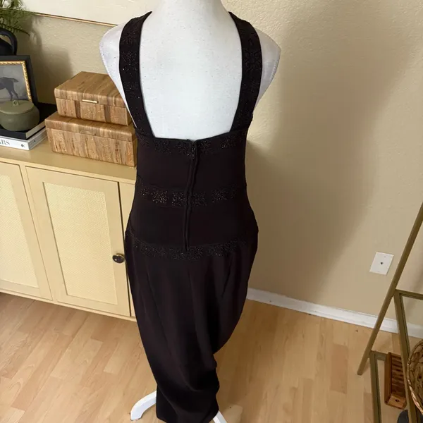 Vintage Cache Brown Dress Bronze Beading Mesh Cutouts Size 8 Formal‎ - Image 3