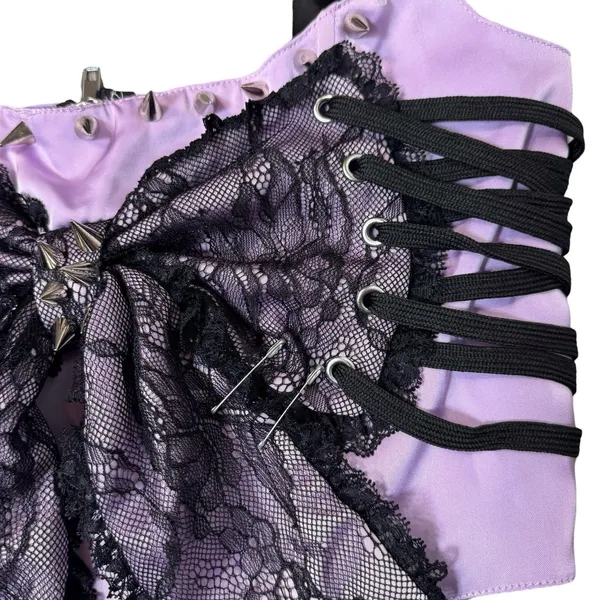 Dolls Kill Bow Lace Up Corset Top Size S Purple Black Ribbon Spikes Safety Pin - Image 4