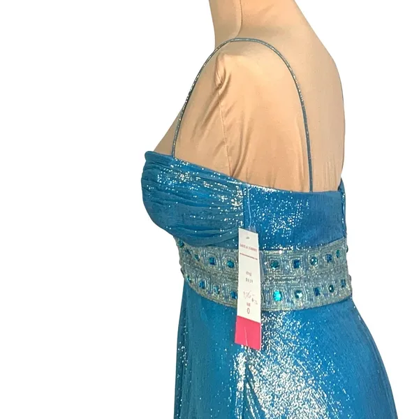 Dazzling Metallic Blue Silk Gown Flowy Prom 0 Hoco Glam Pageant Jeweled Hi-Low - Image 4
