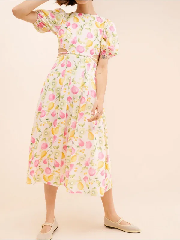 Anthropologie En Saison Ula Midi Dress in Pink Fruits Multi Size Medium - Image 2