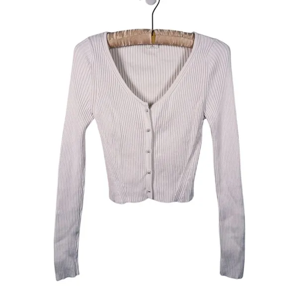 Abercrombie & Fitch Ribbed Cardigan Pearl Button S Ivory Preppy Old Money Y2K - Image 2