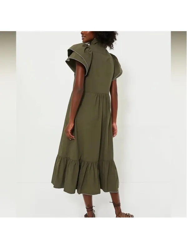 Tuckernuck Olive Green Alice Button Front Midi Dress Collar V Neck Scallop S - Image 6