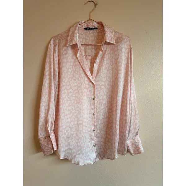 Zara Button Up Shirt Women‎ Small Pink Animal Print Satin Relaxed Blouse - Image 6