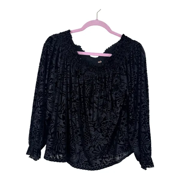 Free People Black Floral Velvet Burnout Off Shoulder Blouse Womens S Boho Witchy - Image 2
