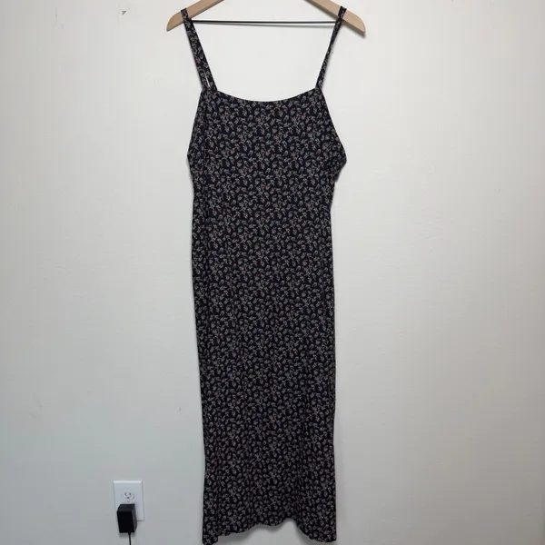 90s Handmade Women Indie Grunge Maxi Dress Small Black Ditsy Floral Square Neck - Image 2