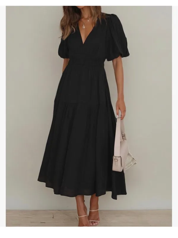 NEW Short Puffy Sleeve V Neck A-Line Flowy Wrap Wedding Guest Lined Dress S - Image 11