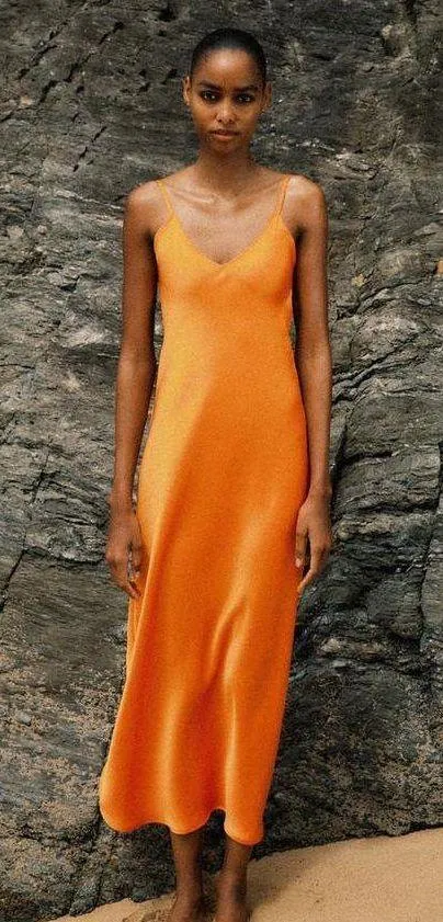 ZARA dress maxi midi hot orange satin effect wedding party cocktail - Image 9