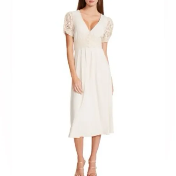 Betsey Johnson Mosaic Lace Puff-Sleeve Midi Dress Crochet Back Cream Sm JL408532 - Image 3
