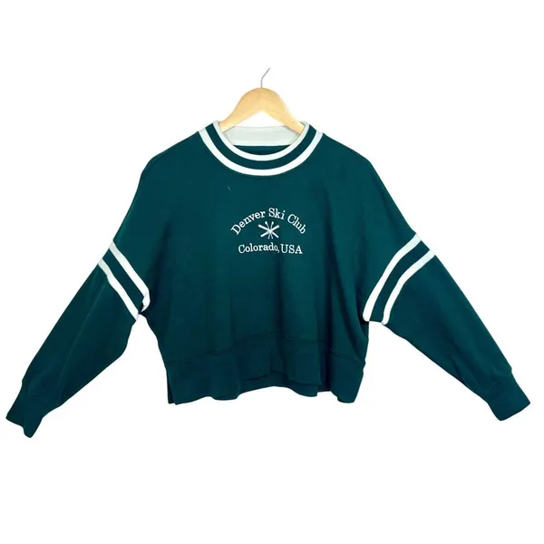Abercrombie & Fitch Soft AF Denver Ski Club Green Fleece Crop Sweatshirt Size S - Image 2