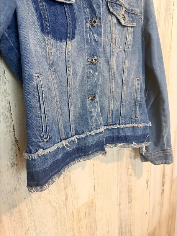 Sneak Peek Women’s Small Distressed Denim Jacket Raw Hem Patchwork Jean Jacket Blue - Image 13