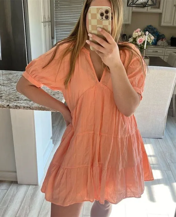 Universal Threads Women's Babydoll Dress Peach Size L Short Sleeve V-Neck… - Image 3