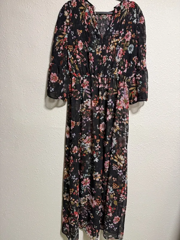 ECI New York Womens Black Floral Smocked Bell Sleeve Maxi Dress Size‎ S - Image 5